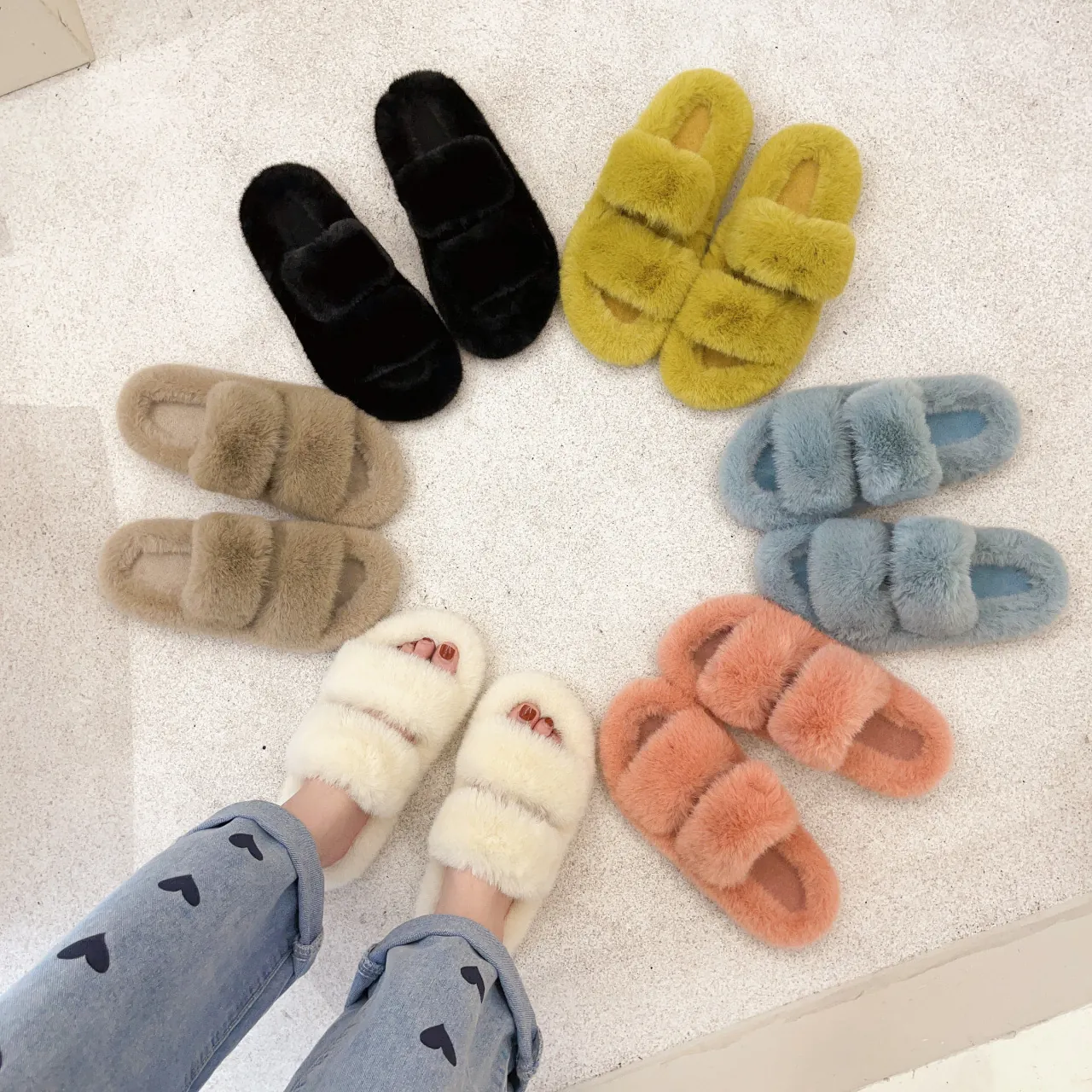Women Double Band Fuzzy Slippers Warm Faux Fur Flat Open Toe Indoor Outdoor Slides Autumn Winter Plus Size Plush Home Shoes