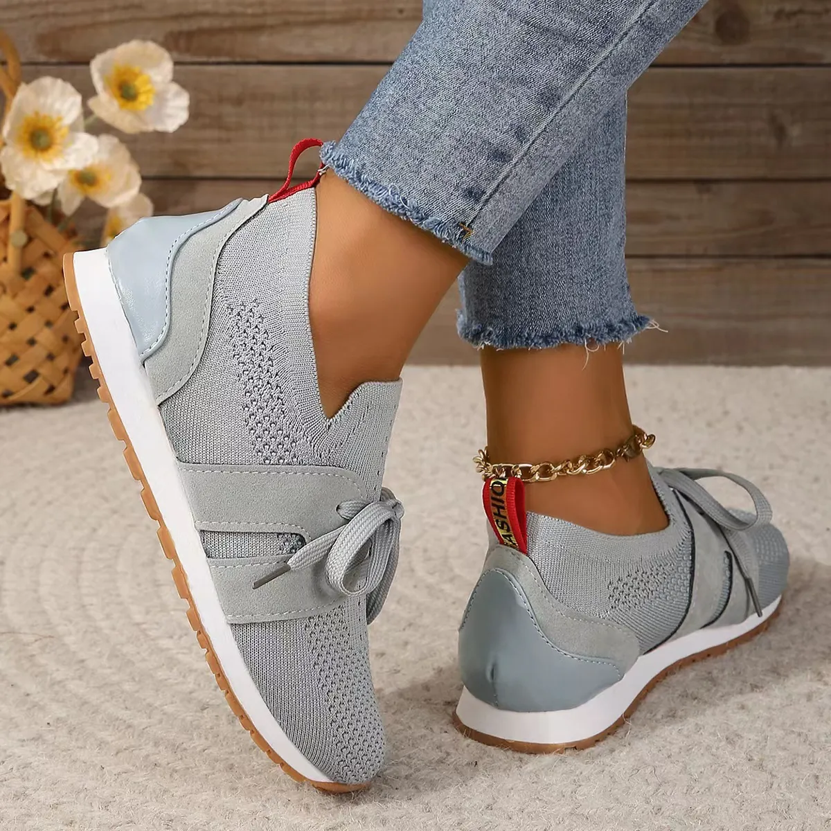 Γυναικεία Flyknit Αναπνεύσιμα Sneakers Casual Ελαφριά Παπούτσια με Κορδόνια Πλατφόρμα Μόδας για Περπάτημα σε Εξωτερικό Χώρο Μεγάλα Μεγέθη