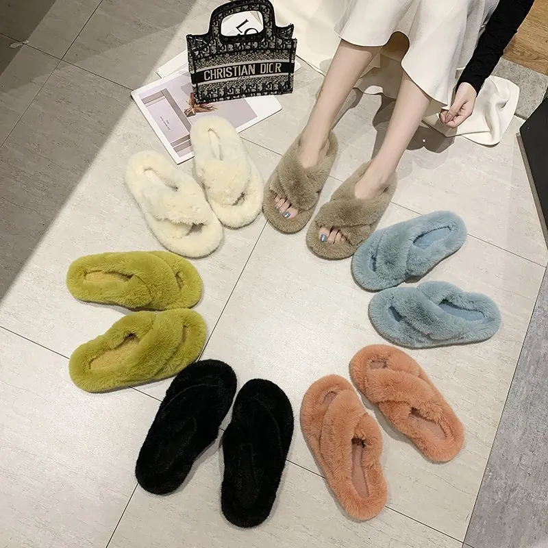 Women Faux Fur Cross Strap Slippers Warm Fuzzy Open Toe Slide Sandals Non-slip Home Indoor Outdoor Korean Fashion Shoes