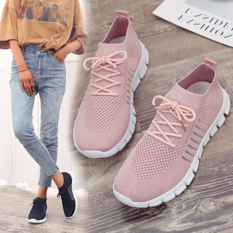 Damen Fly-knit Mesh Sneaker Leicht Atmungsaktiv Laufschuhe Lässig Schnürschuhe Dicke Sohle Sportliche Wanderschuhe Für Den Alltag