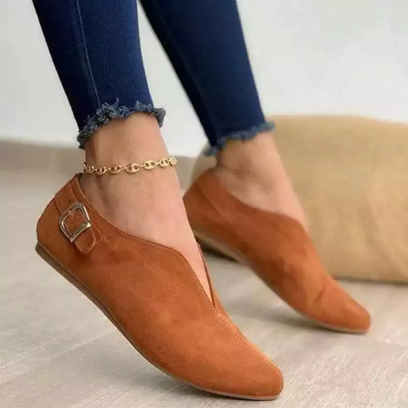 Women Suede V-Cut Pointed Toe Flat Loafers Elegant Metal Buckle Casual Slip-on Shoes Comfortable Walking Flats Large Size