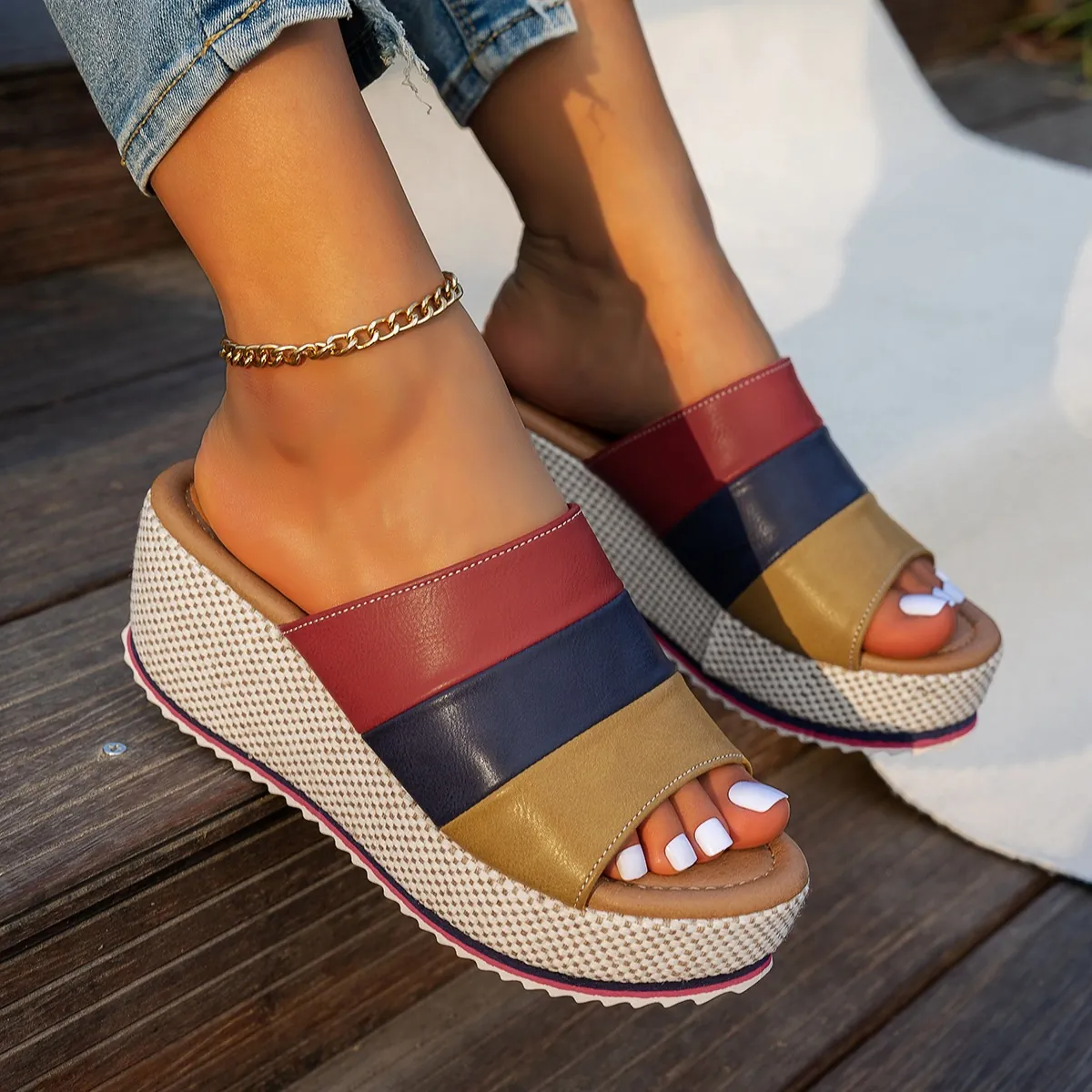 Sandalias de Cuña para Mujer Zapatillas con Plataforma Bloque de Color de Cuero PU Sandalias Slide de Punta Abierta Moda Verano
