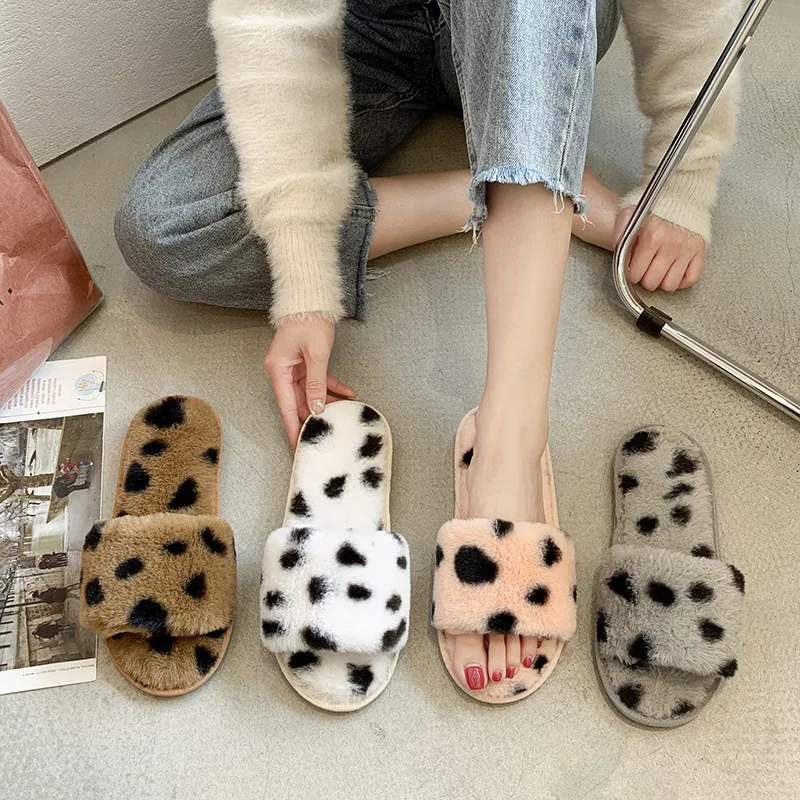 Damen Niedliche Punktmuster Plüsch Hausschuhe Herbst Winter Neue Zuhause Innen Flauschige Slides Weiche Sohle Einriemen Kunstpelz Hausschuhe