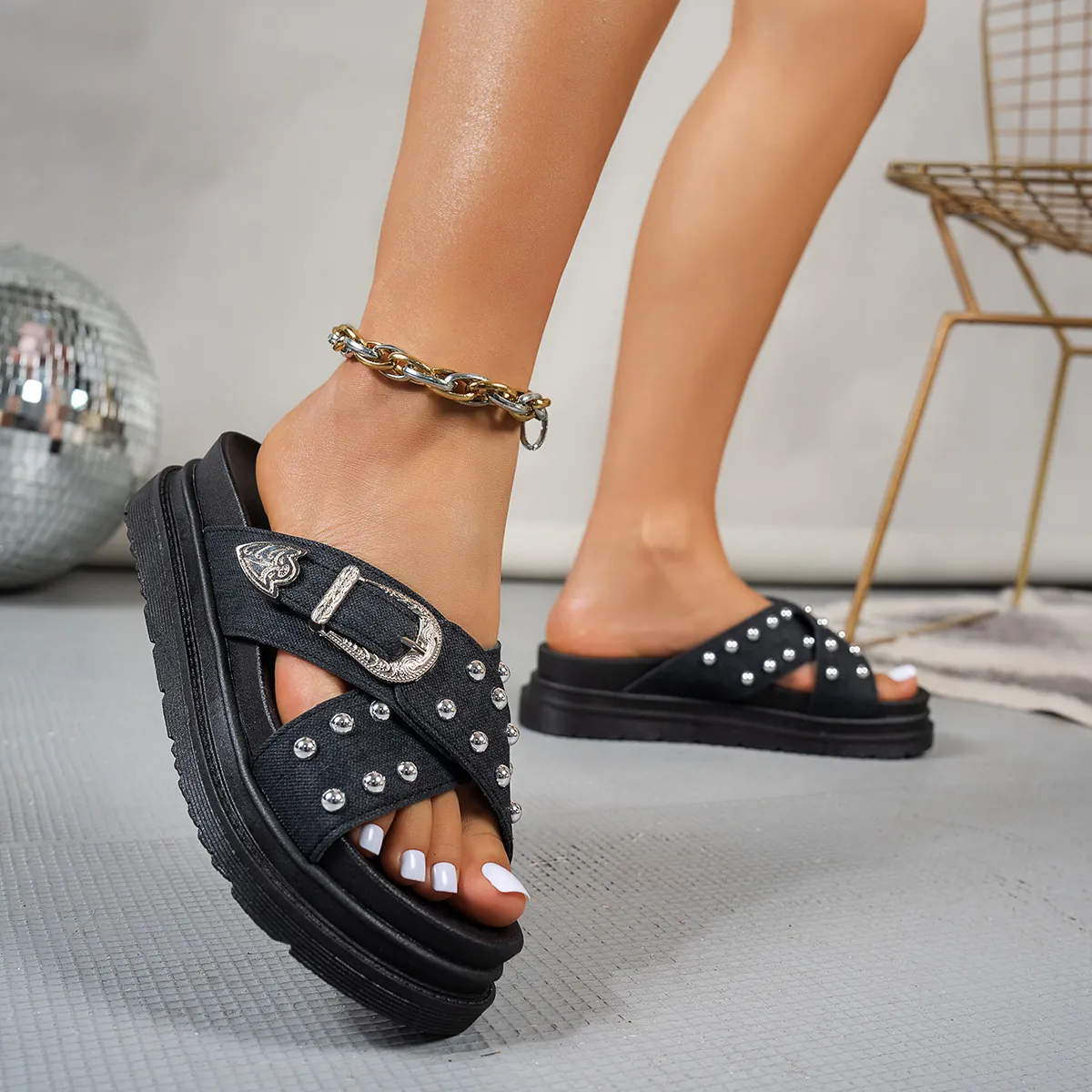 Pantuflas Informales de Lona para Mujer con Correa Cruzada Plataforma Bohemio Remaches Hebilla de Metal Sandalias Flatform de Punta Abierta Zapatos de Playa Talla Grande
