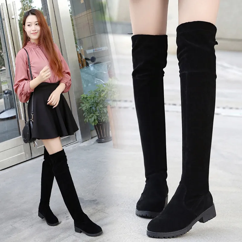 Damen Schwarz Wildleder Overknee Stiefel Runde Zehe Niedriger Absatz Warme Lange Stiefel Mit Schleife Lässige Winterschuhe