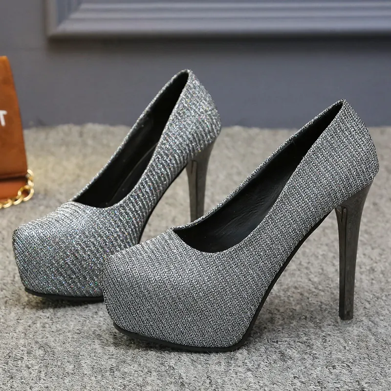 Sexy Plateau High Heels Stiletto Pumps voor Dames Effen Kleur Ondiepe Mond PU Glitter Enkele Schoenen voor Banket Feest Clubwear