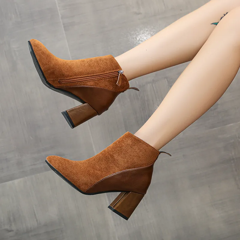 Damen Stiefeletten Mit Spitzem Zehenbereich Und Blockabsatz Wildleder Leder-Patchwork Winter Warm Reißverschluss Martin Boots Lässige Schuhe