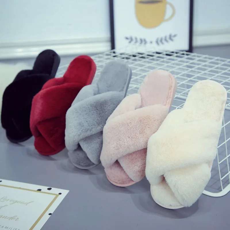 Damen Kunstfell Kreuzriemen Hausschuhe Offene Zehe Winter Warm Innen Hausschuhe Weich Plüsch Flache Slides Rutschfeste TPR Sohle