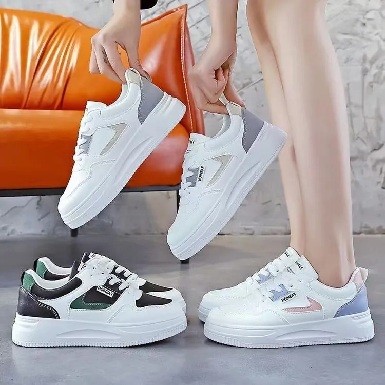 Damen Fashion Plateau Weiße Sneaker Koreanischer Stil Atmungsaktiv PU Leder Farbblock Lässig Skateboard Schuhe