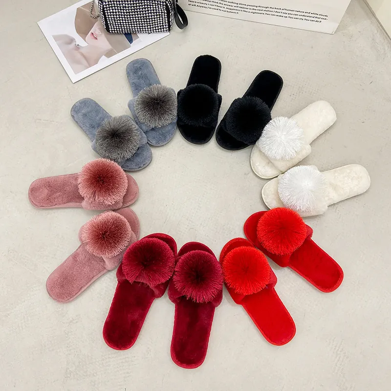 Chaussons en Fourrure Artificielle à Pompons pour Femmes Bout Ouvert Peluche Maison Plat Antidérapant Confort Décontracté