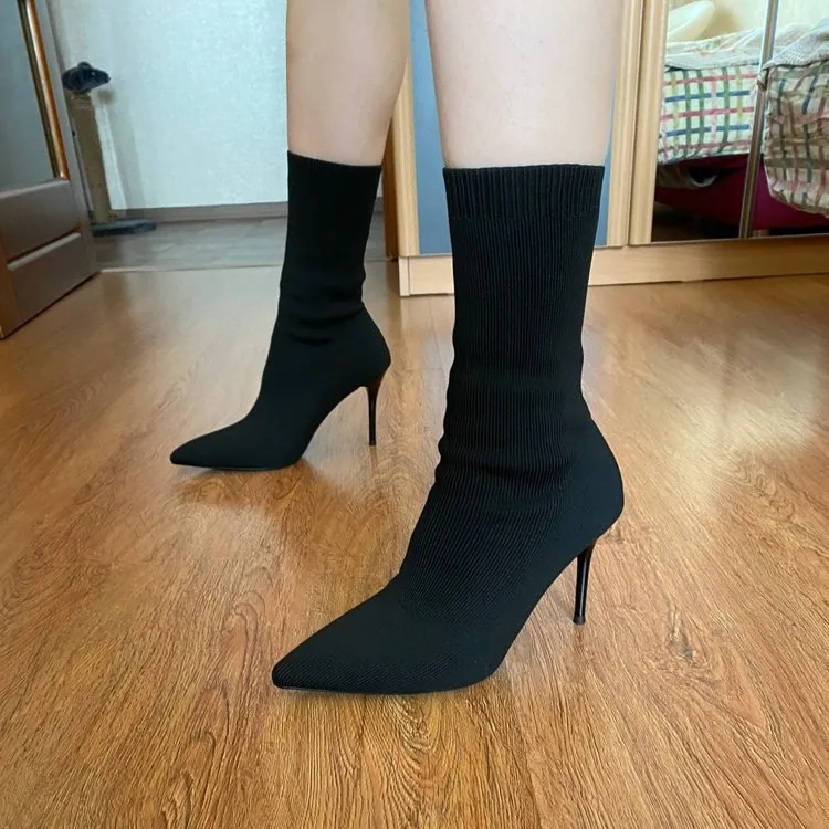 Damen Spitze Stiletto Socken-Stiefel Hochhackige Elastische Strick Wadenhohe Schlanke Stiefel Herbst Winter Mode Schwarz Silber