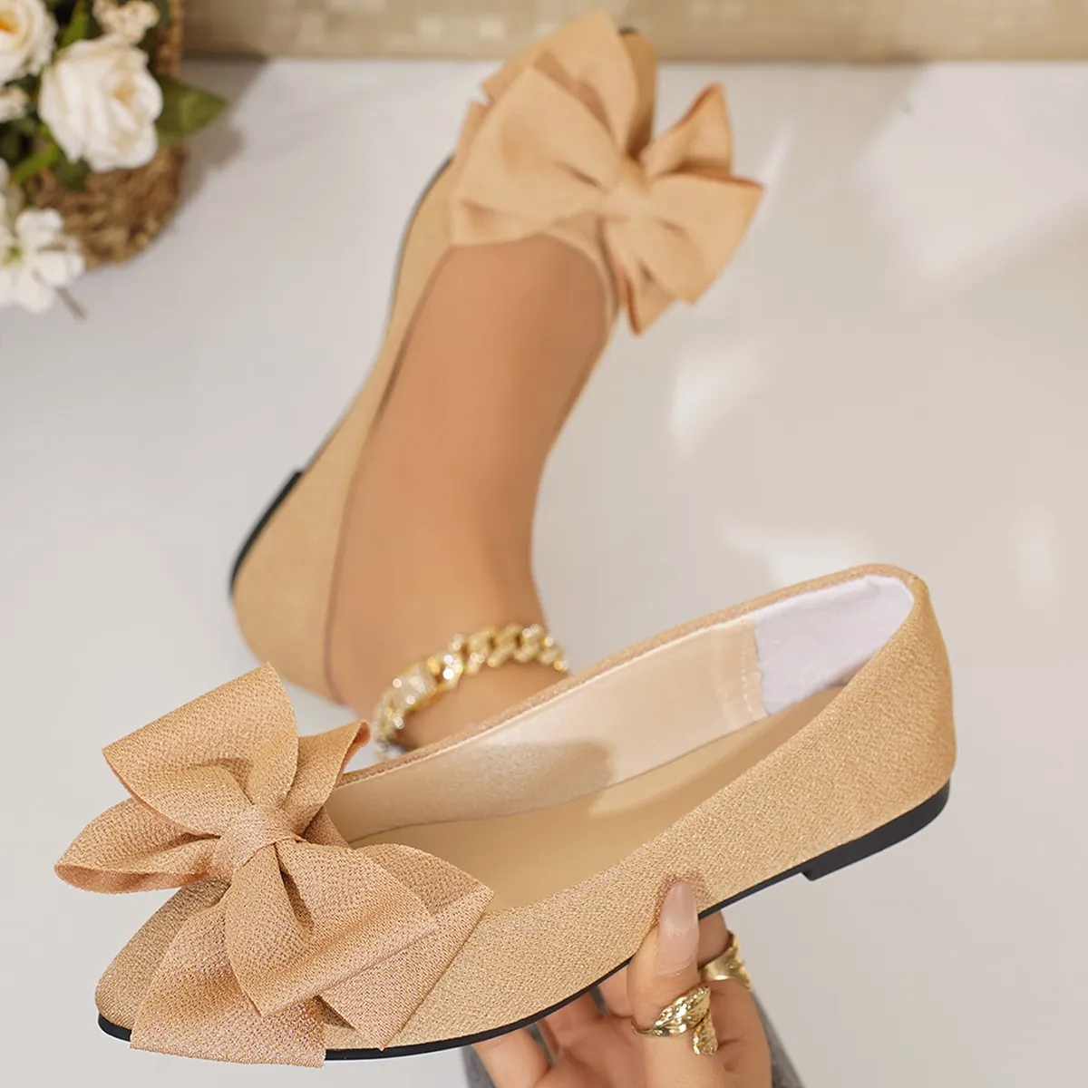 Women's Square Toe Bow Ballet Flats Casual Slip-on Soft Sole Flat Shoes Lightweight Daily Comfortable Walking Shoes