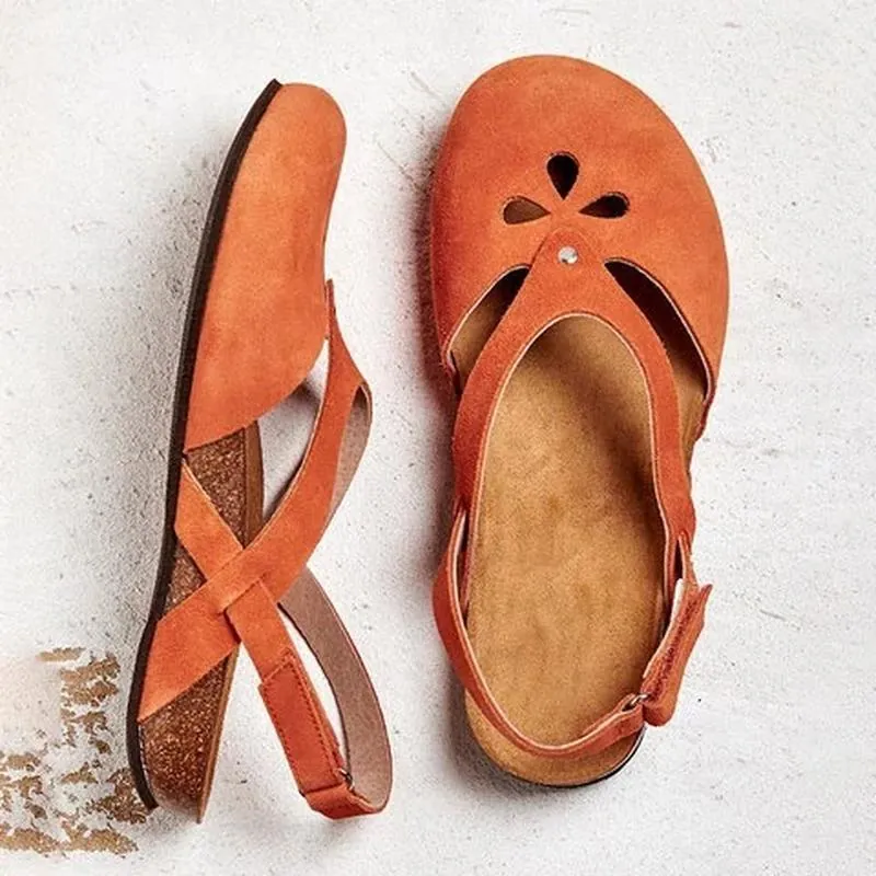 Women's Summer Roman Style Hollow Out Flower Flat Sandals Synthetic PU TPR Sole Slingback Casual Beach Shoes Large Size