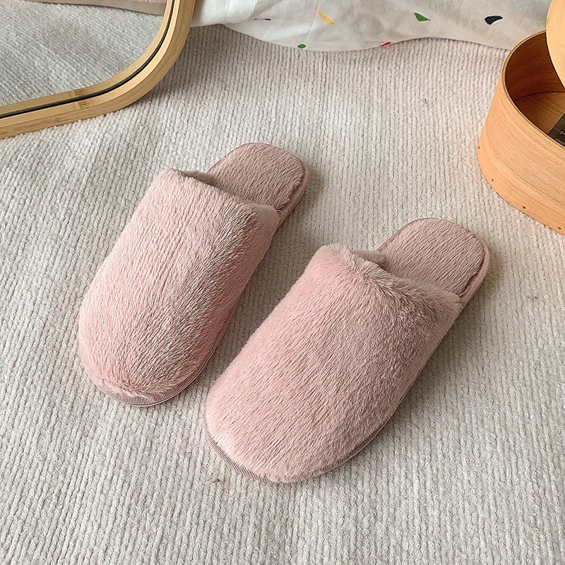 Women Closed Toe Plush Slippers Solid Color Simple Faux Fur House Shoes Autumn Winter Indoor Office Comfortable Warm Slip On Flat Slippers