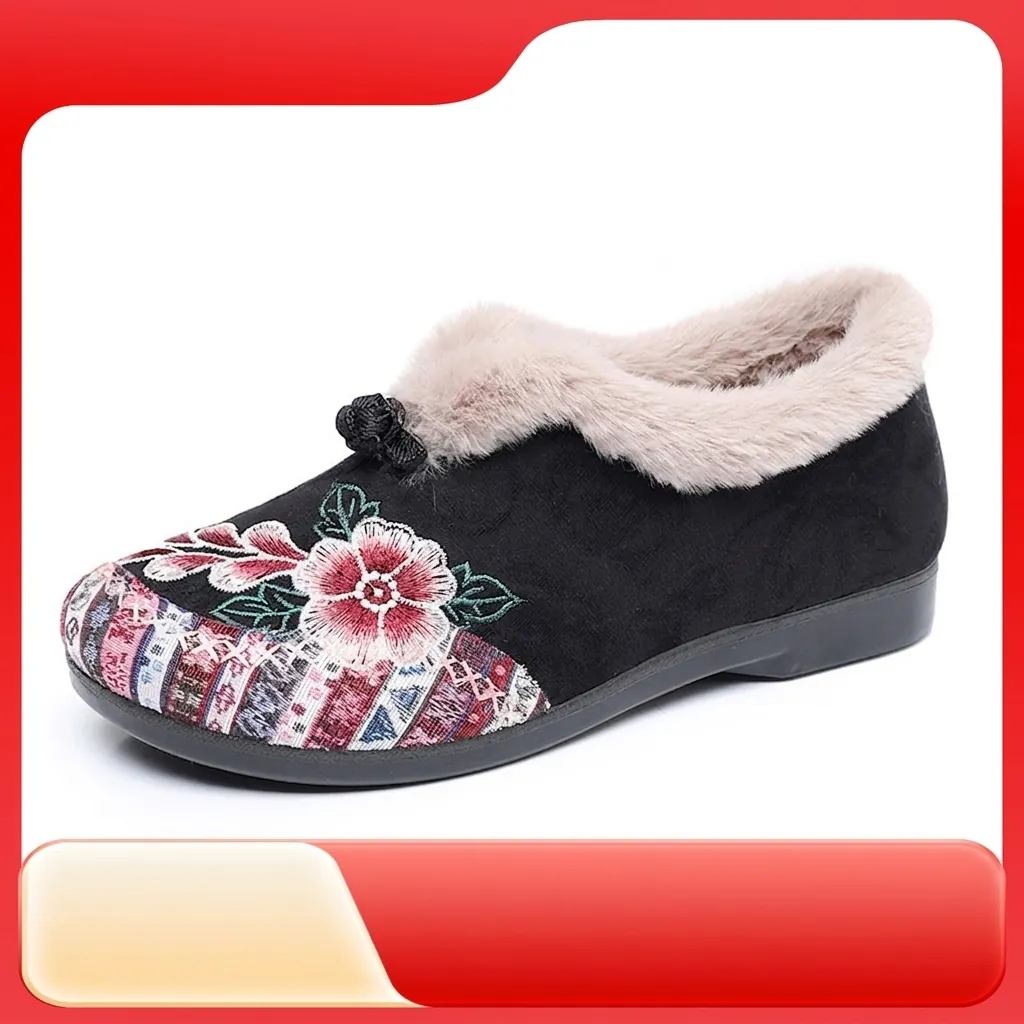 Women Embroidered Snow Boots Winter Warm Cotton Shoes Fleece Lined Ethnic Style Slip On Floral Flat Shoes For Mom