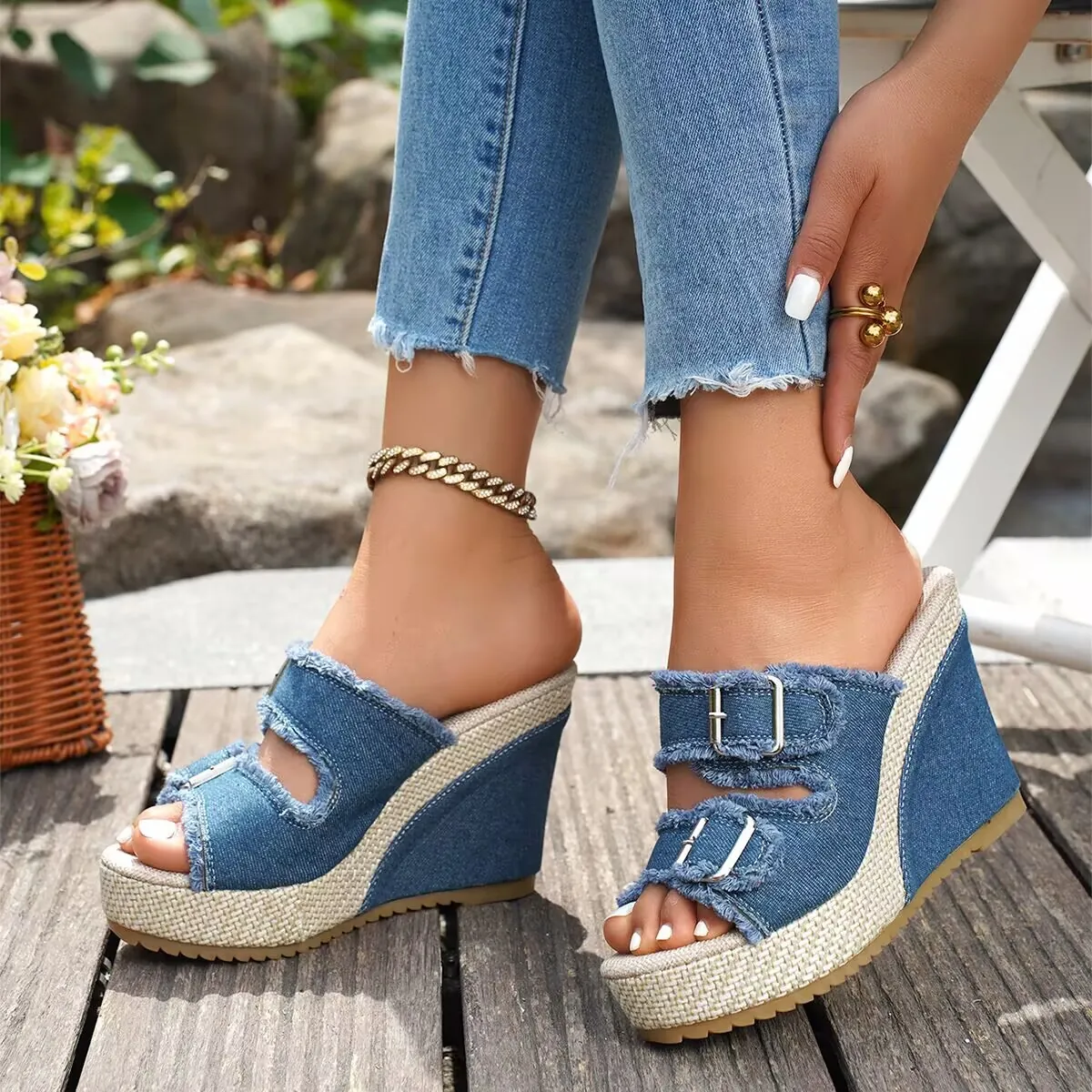 Damen Peep Toe Keilsandaletten Denim Schnalle Plattform Pantoletten Sommer Lässige Schuhe Mit Hohem Absatz Und Fransenkante