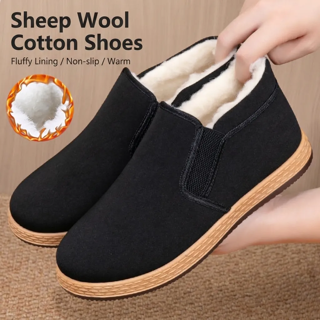 Men's Winter Cotton Shoes Old Beijing Cloth Shoes Fleece Lined Keep Warm Slip-On Casual Loafers Anti-Slip Flat House Shoes