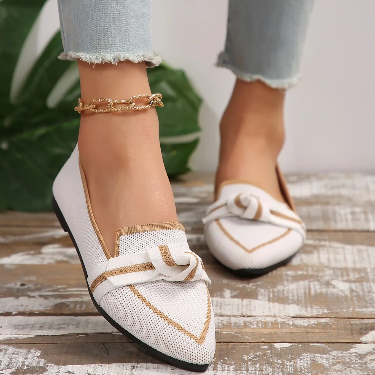 Women Fashion Pointed Toe Flats Mesh Knit Slip On Loafers Casual Bowknot Shoes Breathable Comfortable Dress Shoes For Ladies