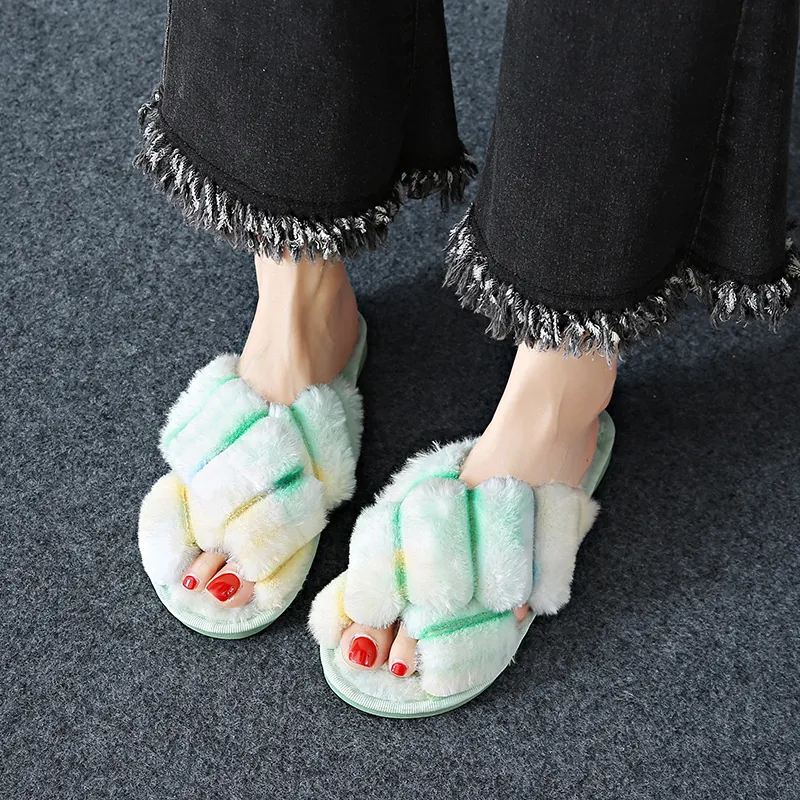 Damen Regenbogen Kunstpelz Kreuzriemen Hausschuhe Herbst Winter Plüsch Offene Zehe Hausschuhe Rutschfest Weiche Sohle Casual Slides