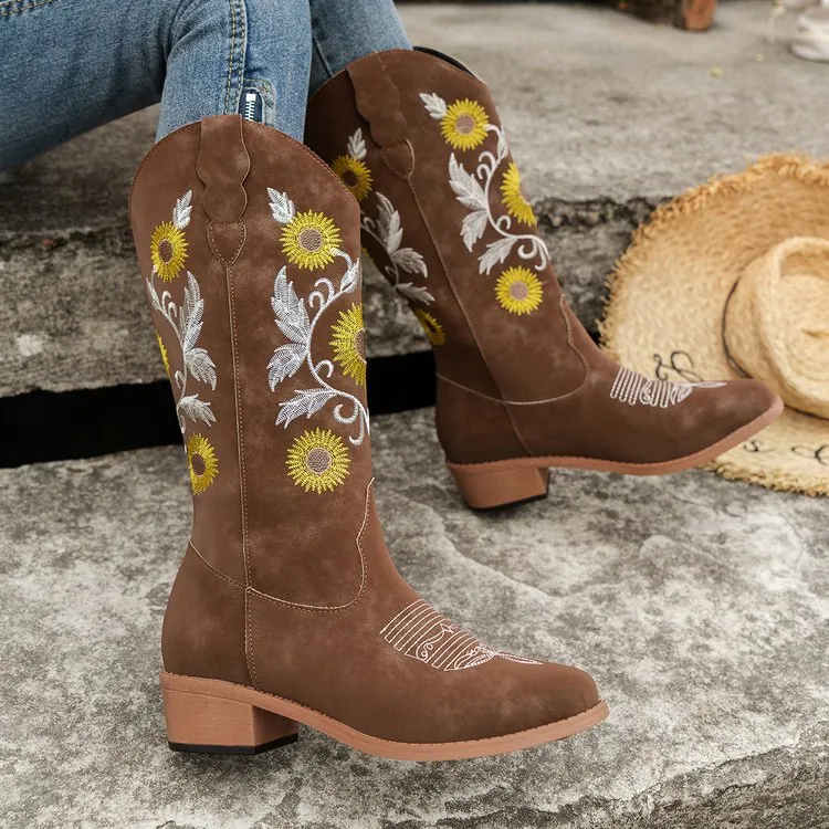 Women Embroidered Knee High Boots Synthetic PU Leather Chunky Heel Western Cowboy Boots Vintage Floral Pumpkin Halloween Boots