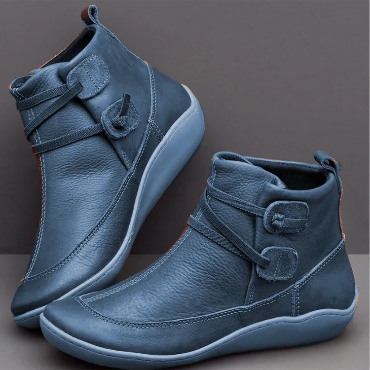 Women's Retro PU Leather Round Toe Ankle Boots Solid Color Casual Low Heel Short Boots For Autumn Winter