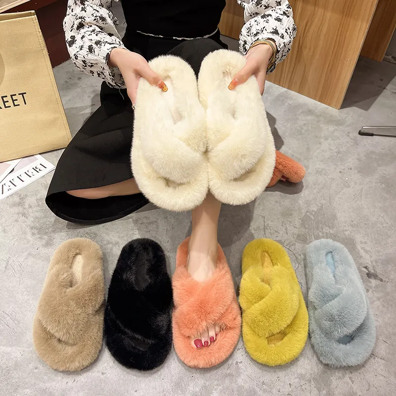 Women Faux Fur Slippers Cross Band Platform Plush Slides Open Toe Fluffy House Shoes Anti-Slip Autumn Winter Home Slippers
