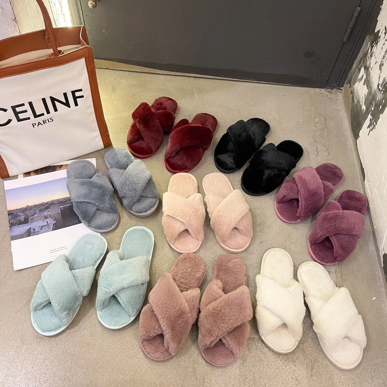 Women Faux Fur Cross Band Slippers Flat Soft Plush Open Toe Indoor House Shoes Anti-Slip EVA Sole Winter Warm Bedroom Slides