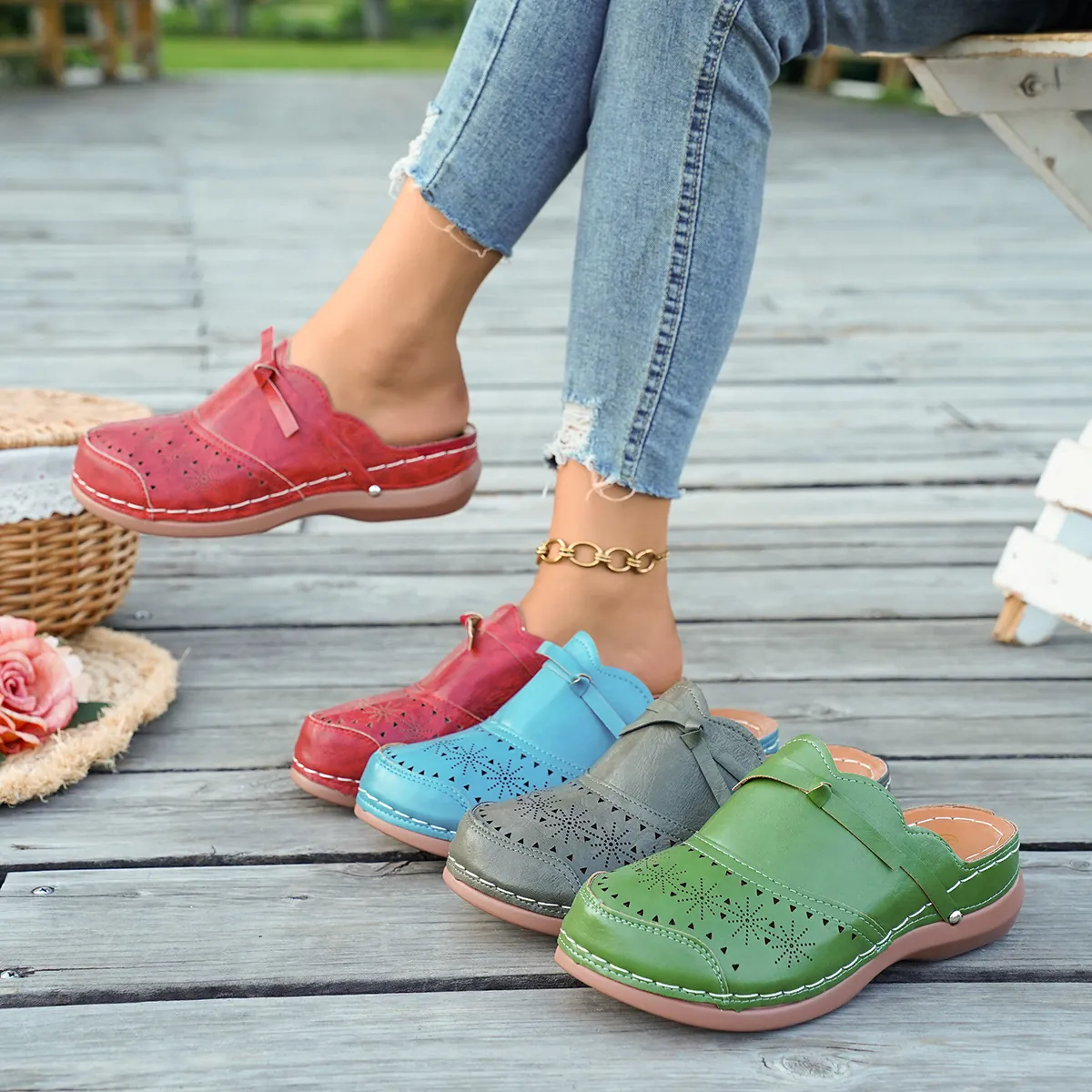 Women Wedge Mules Hollow Out Retro Roman Style Patent Leather Bow Summer Sandals Casual Closed Toe Slides Slippers