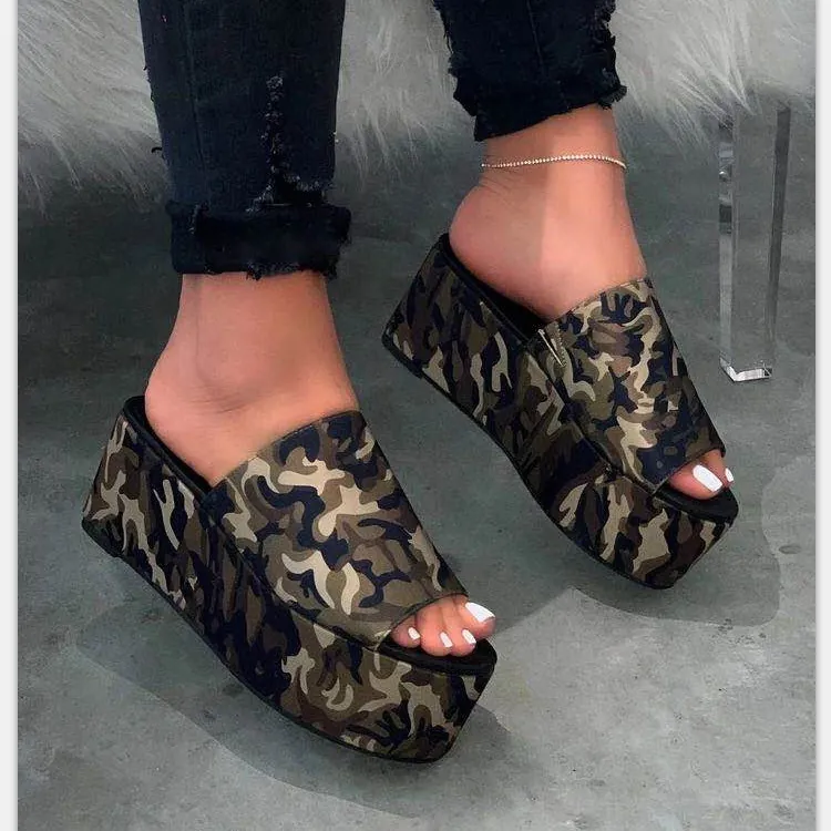 Sandalias Slides de Plataforma Casuales para Mujer Camuflaje Leopardo Color Sólido Verano Suela Gruesa Antideslizantes Punta Abierta Chanclas Zapatos de Playa