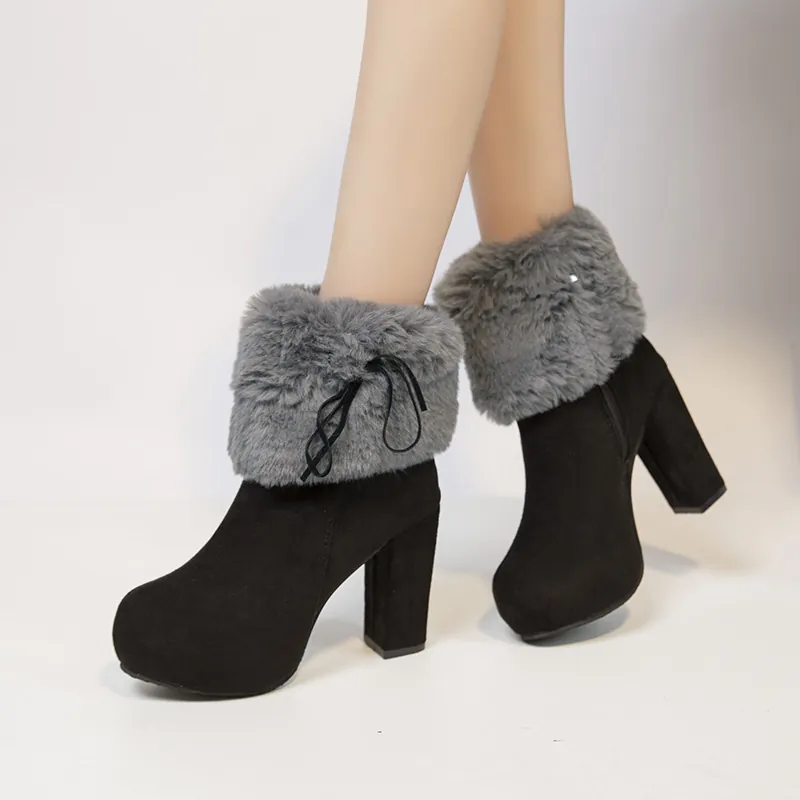 Women Winter Ankle Boots Chunky High Heel Platform Booties Faux Fur Trim Bow Decor Suede Warm Lining Daily Fashion Boots