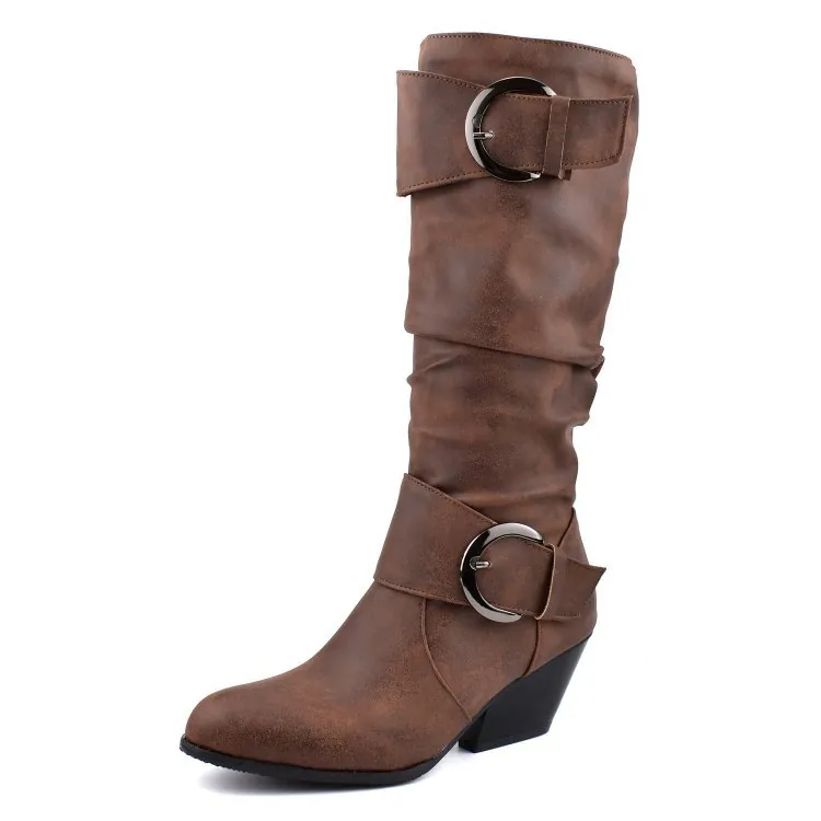 Women Slouchy Knee High Knight Boots PU Leather Buckle Pointed Toe Thick Mid Heel Fashion Autumn Winter Long Boots