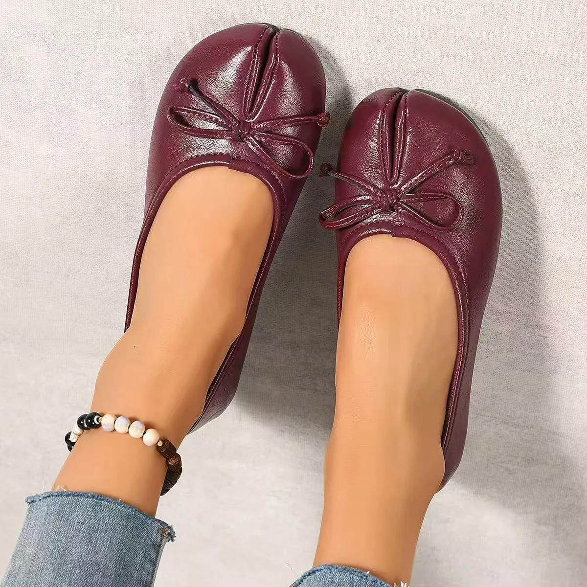 Women Square Toe Split Toe Tabi Shoes Bowknot Shallow Mouth Flat Shoes Korean Style Soft Faux Leather Casual Walking Shoes Large Size