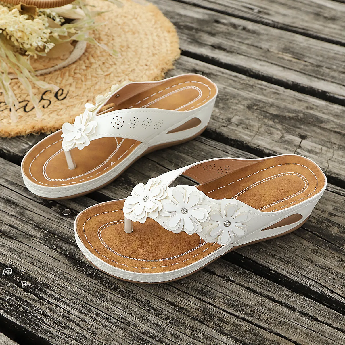 Chanclas de Cuña para Mujer con Decoración Floral 3D Strass Elegantes Sandalias de Playa de Plataforma para Vacaciones de Verano