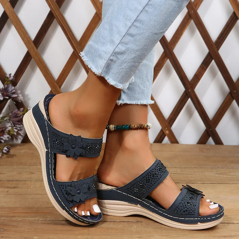 Women's Casual Floral Wedge Sandals PU Rubber Rhinestone Bohemian Roman Style Comfort Platform Slides For Summer Vacation Daily Wear Women Shoes
