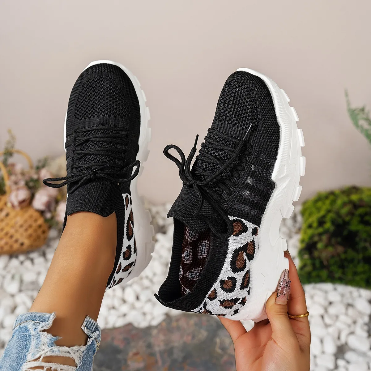 Baskets Vintage Respirantes en Mesh pour Femmes Imprimé Léopard Chaussures de Course Décontractées Mode Plateforme Grandes Pointures