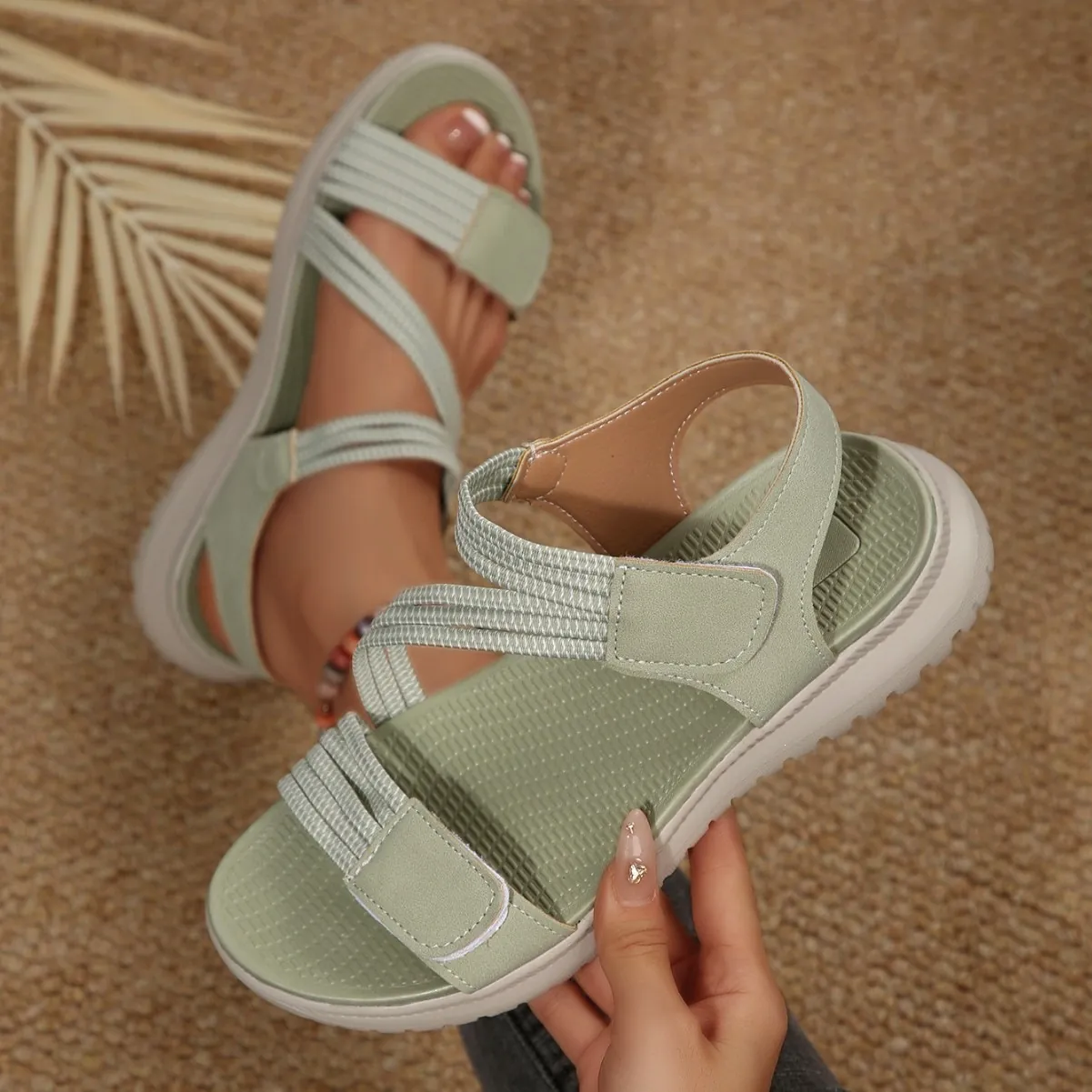 Women Fashion Wedge Sandals Casual Summer PU Leather Hook And Loop Comfortable Breathable Open Toe Large Size Ladies Outdoor Walking Shoes