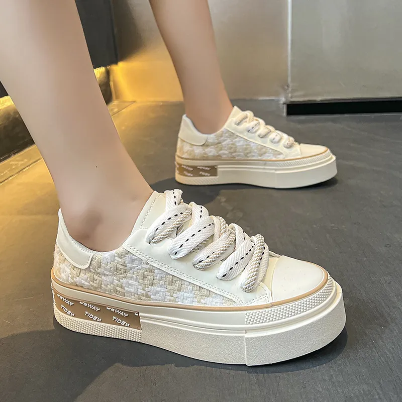 Damen Tweed-Stil Canvas Plateau Sneaker Lässige Atmungsaktive Hahnentrittmuster Dicke Sohle Wanderschuhe Für Studenten