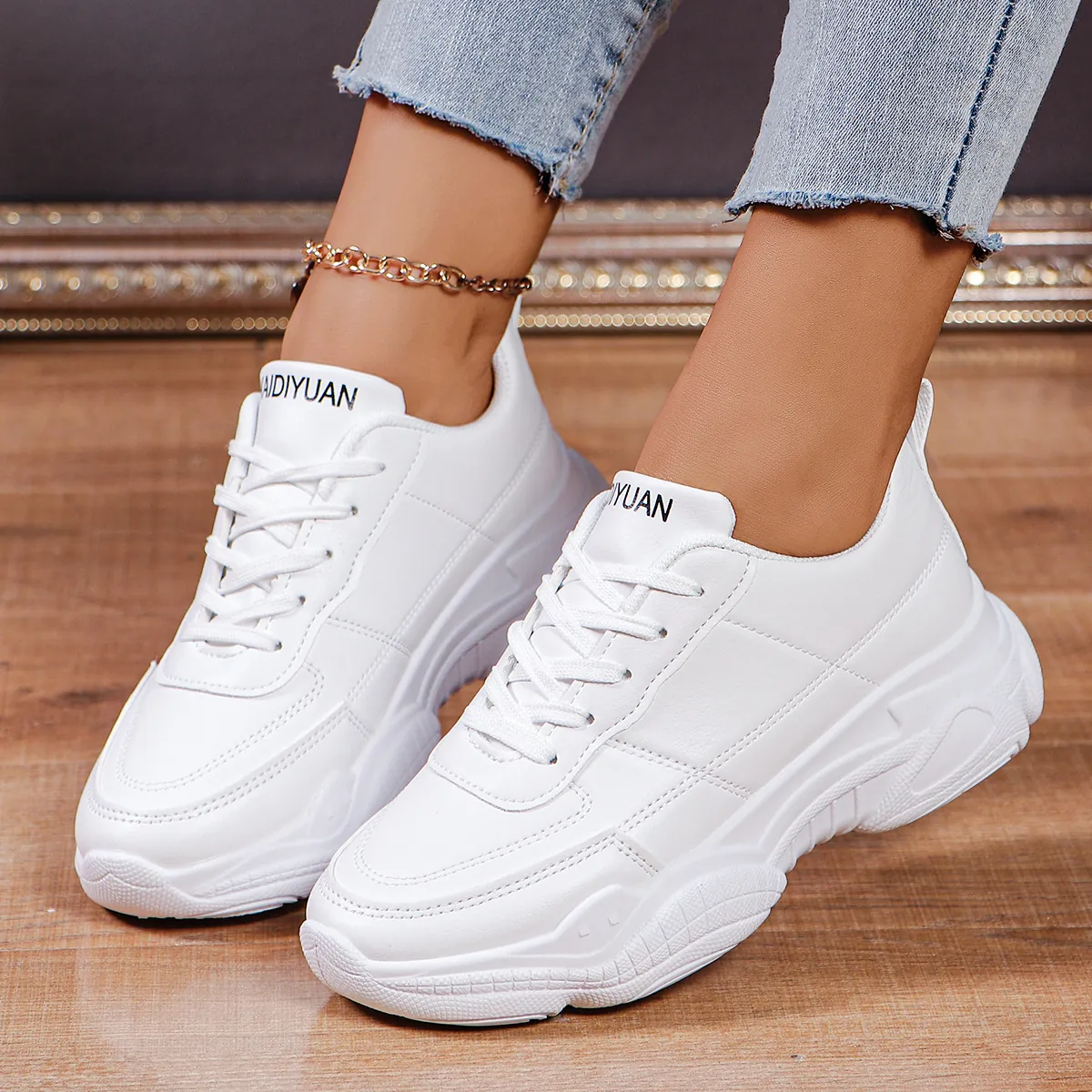 Women White Chunky Sneakers Thick Sole Platform Dad Shoes Breathable Lace Up Casual Sport Walking Shoes Low Top Footwear