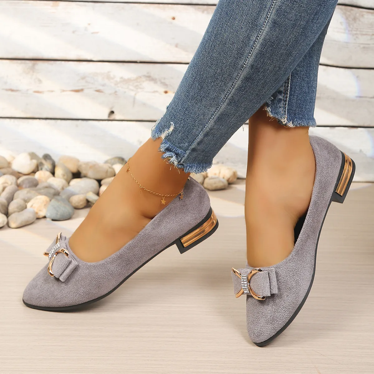 Elegant Women Faux Suede Pointed Toe Flats Bowknot Rhinestone Low Heel Shoes Fashion Shallow Mouth Casual Single Shoes