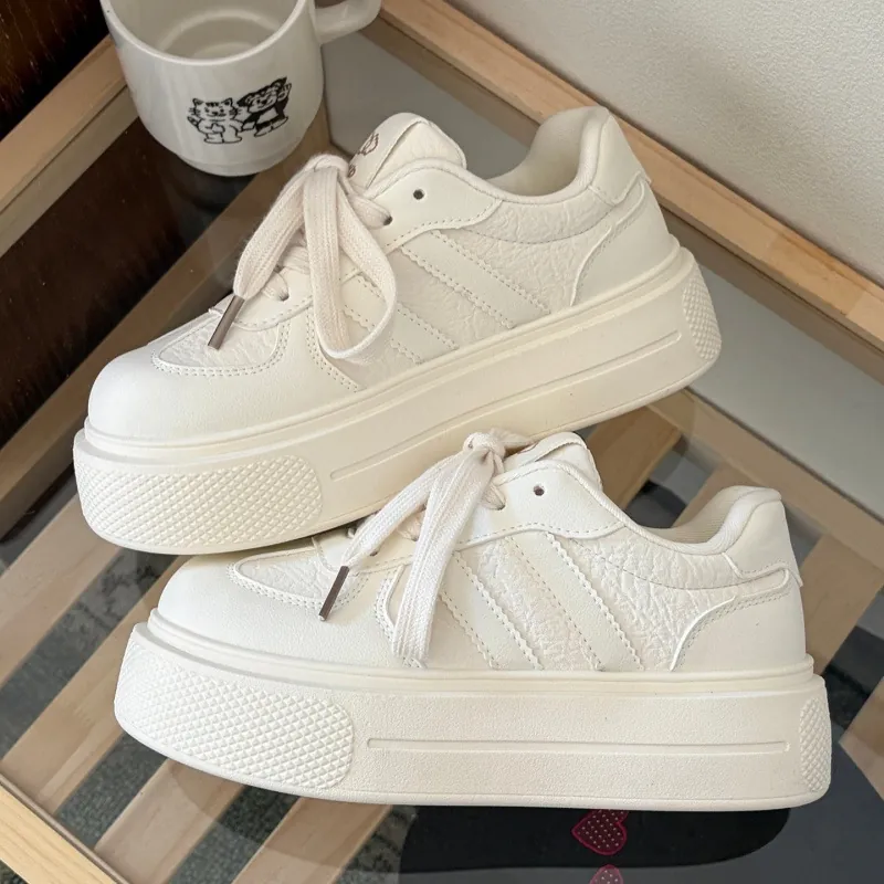 Women's Campus Style Chunky Sneakers PU Leather Platform Sneakers Contrast Color Low Top Lace Up Casual Board Shoes
