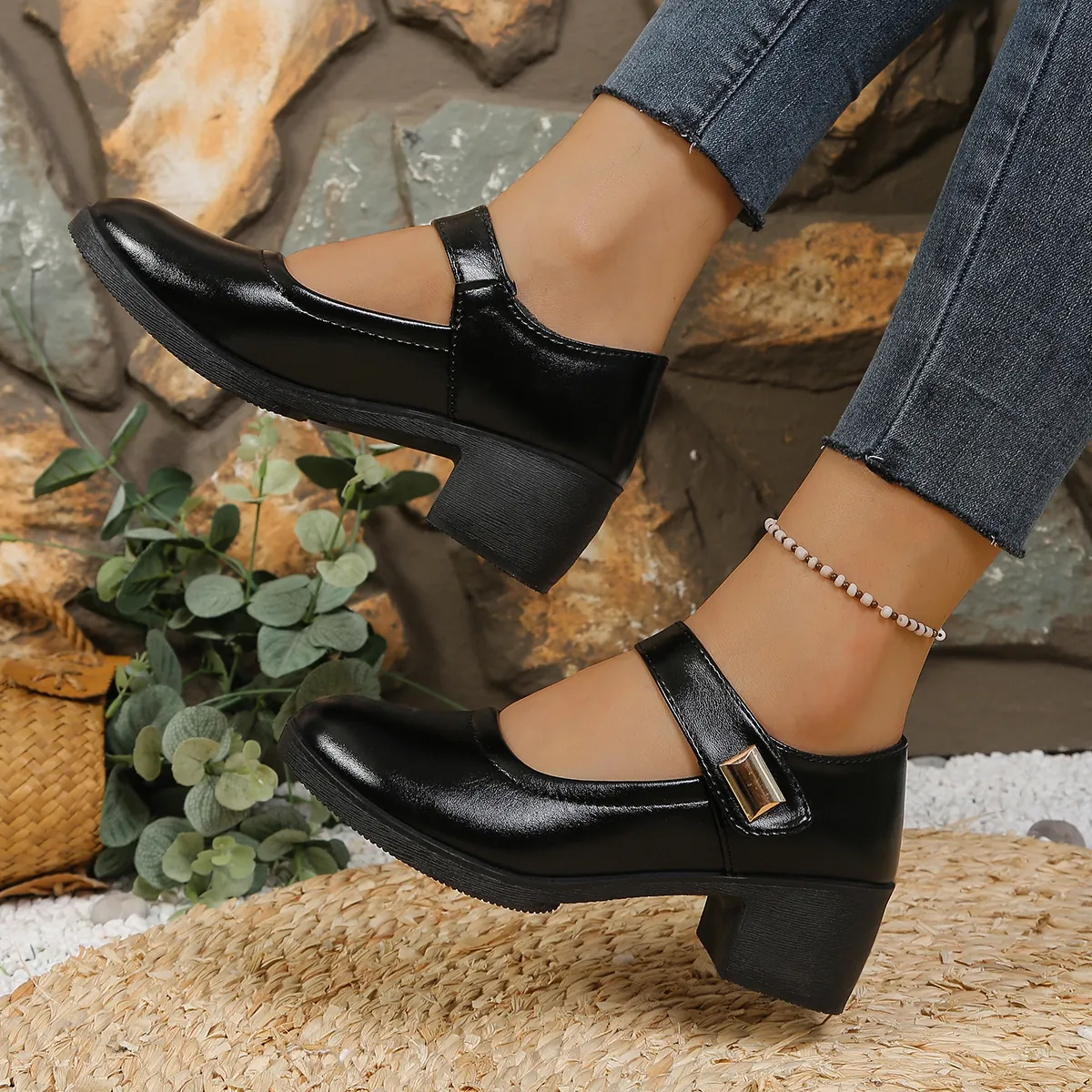 Women Mary Jane Shoes PU Leather Chunky Heel Office Dress Shoes With Square Buckle Comfortable Casual Walking Shoes