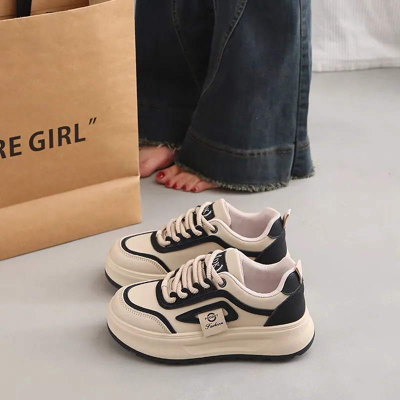Women Thick Sole Platform Sneakers Korean Style Beige White Black Contrast PU Leather Casual Student Height Increasing Board Shoes
