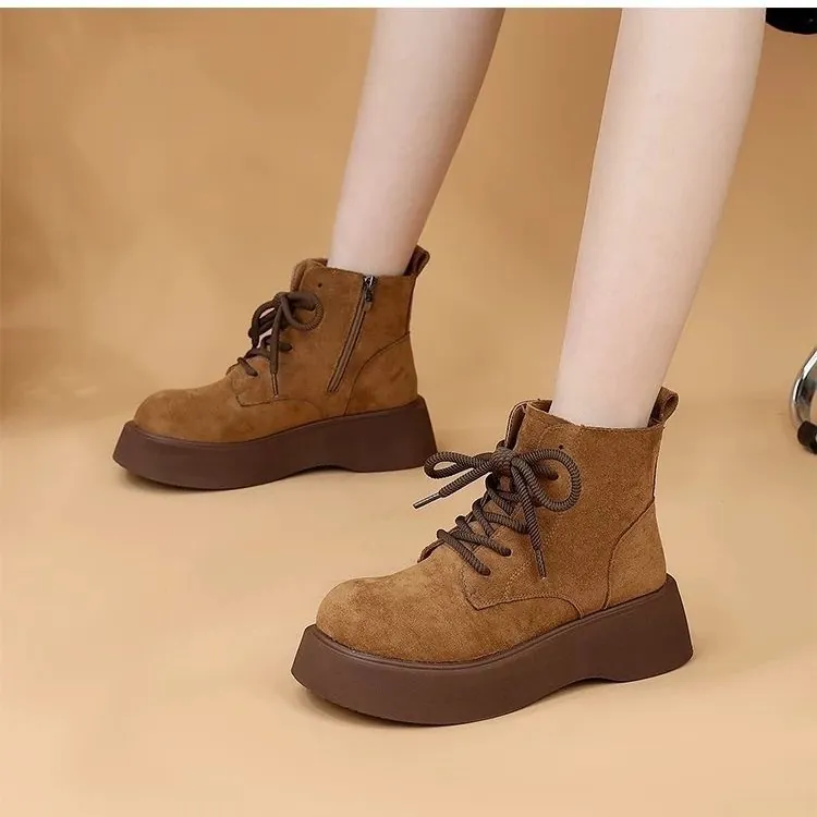 Women Cow Suede Platform Martin Boots Plush Lined Warm Winter Ankle Boots Lace-up Side Zipper Heightening Casual Snow Boots
