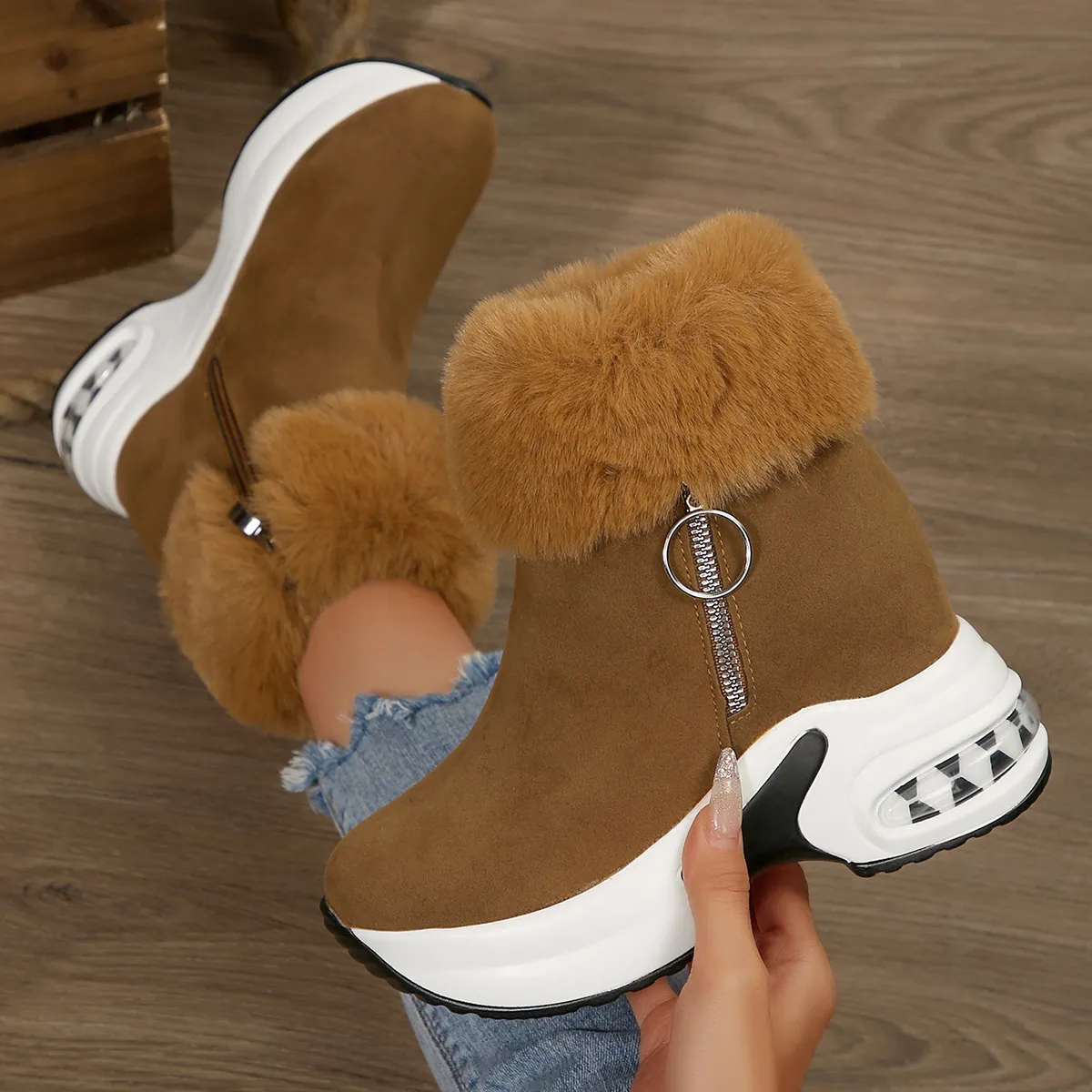 Women Winter Thick Sole Snow Boots Faux Fur Collar Warm Side Zip Height Increasing Suede Cotton Lining Casual Outdoor Shoes