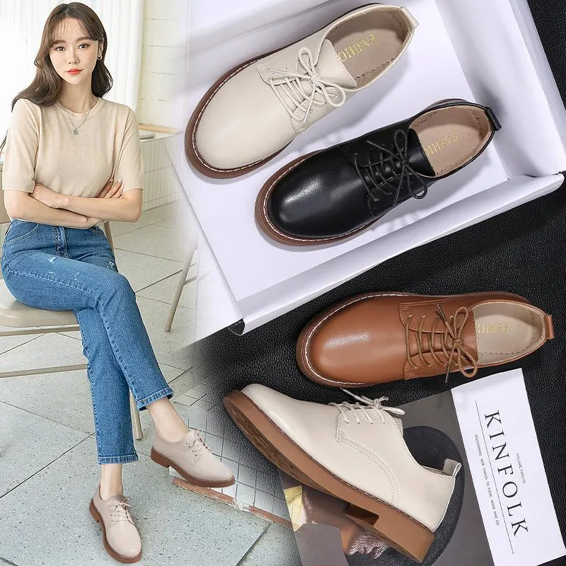 Women Casual Cowhide Leather Shoes Vintage British Style Retro Lace-up Loafers Beige Black Brown Gum Sole Soft Walking Footwear