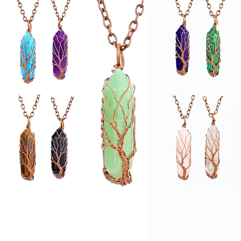 Tree Of Life Agate Hexagonal Crystal Pendant Necklace For Women Retro Handmade Wire Wrapped Natural Stone Jewelry Gift