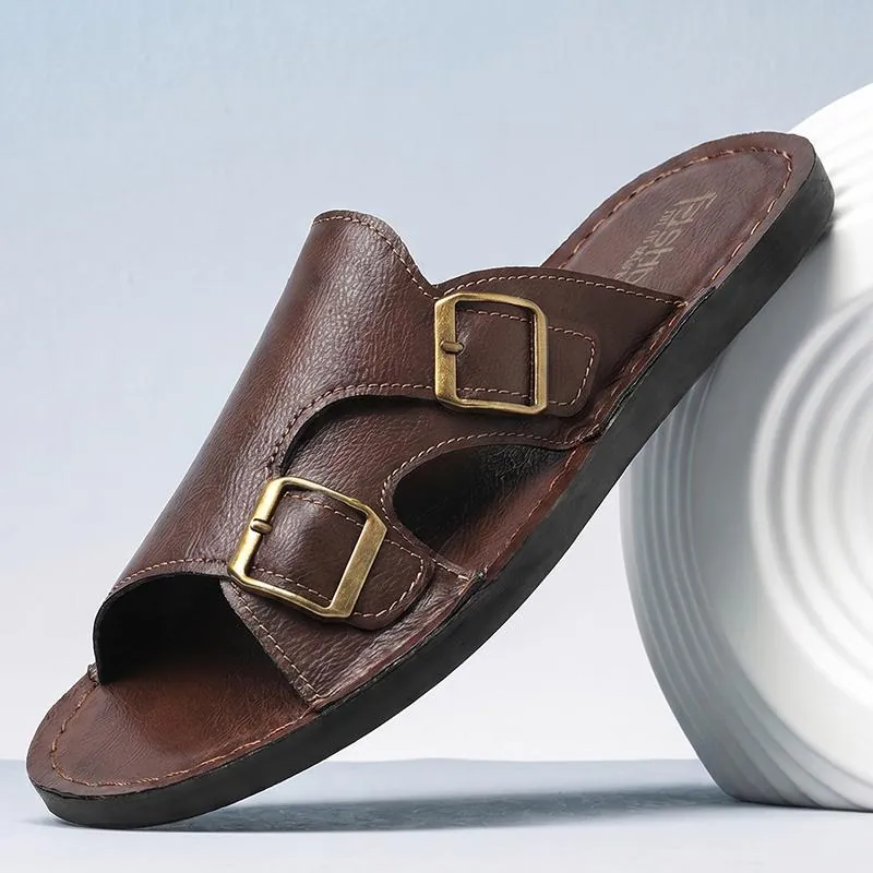 Men Summer Casual Slides Sandals Microfiber Leather Double Buckle Adjustable Flat Outdoor Breathable Beach Slippers