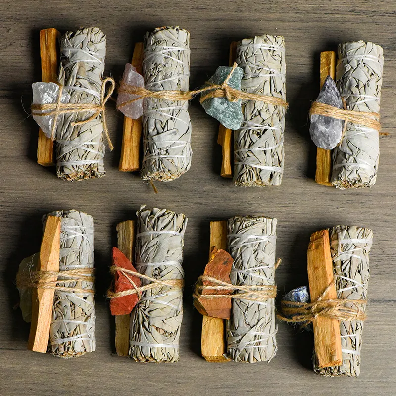Natural White Sage Smudge Bundles With Palo Santo Wood Stick And Raw Crystal Set Spiritual Cleansing Home Fragrance Healing Energy Kit