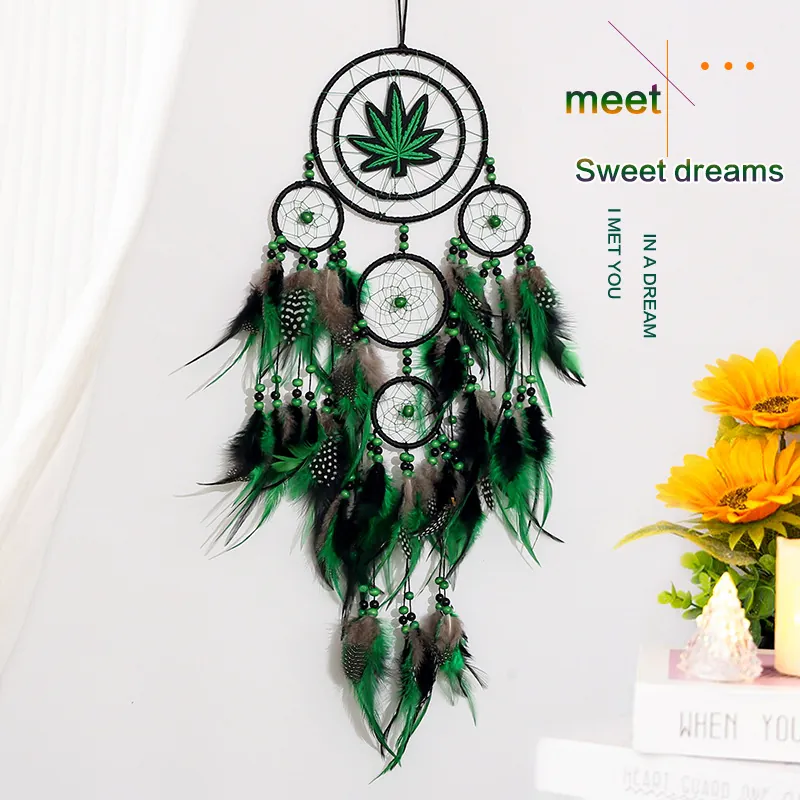Atrapasueños de Varios Aros Hecho a Mano Con Patrón de Hoja Verde Plumas Campanillas de Viento Decoración de Pared Para Hogar Jardín Dormitorio