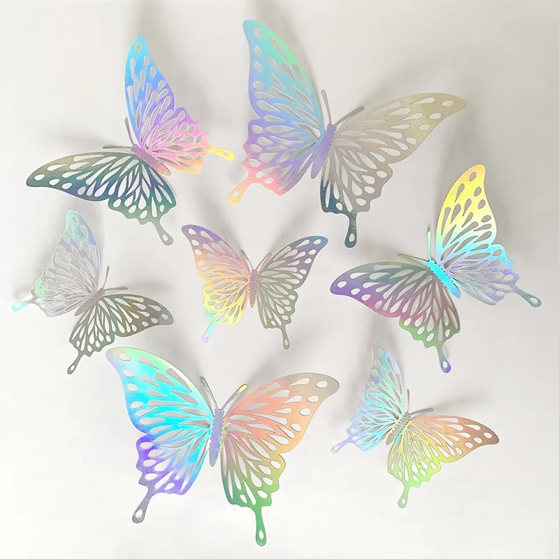3D Hollow Holographic Laser Silver Paper Butterfly Wall Stickers For DIY Home Decor Party Wedding Christmas Decoration